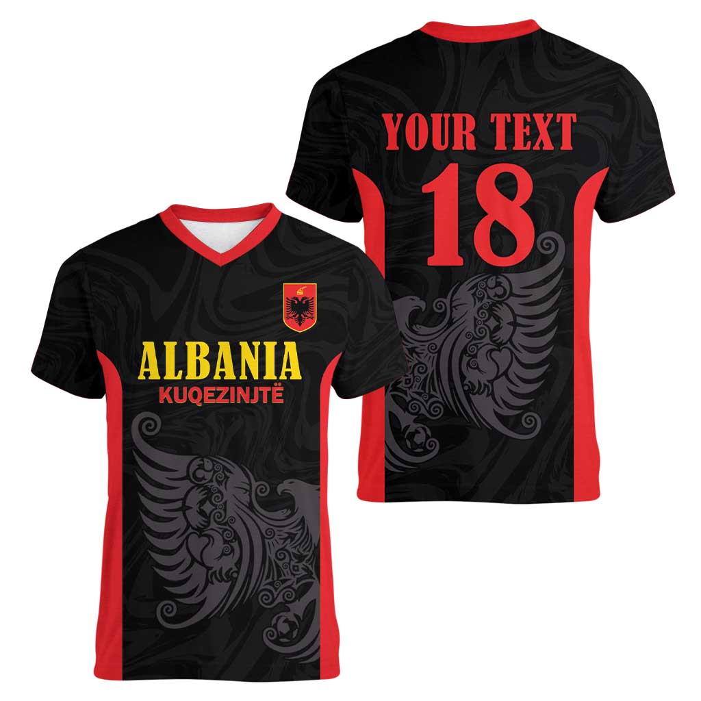 Custom Albania Football Pride Women V-Neck T-Shirt Kuqezinjte Eagle Black Version - Wonder Print Shop