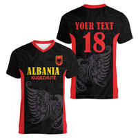 Custom Albania Football Pride Women V-Neck T-Shirt Kuqezinjte Eagle Black Version - Wonder Print Shop