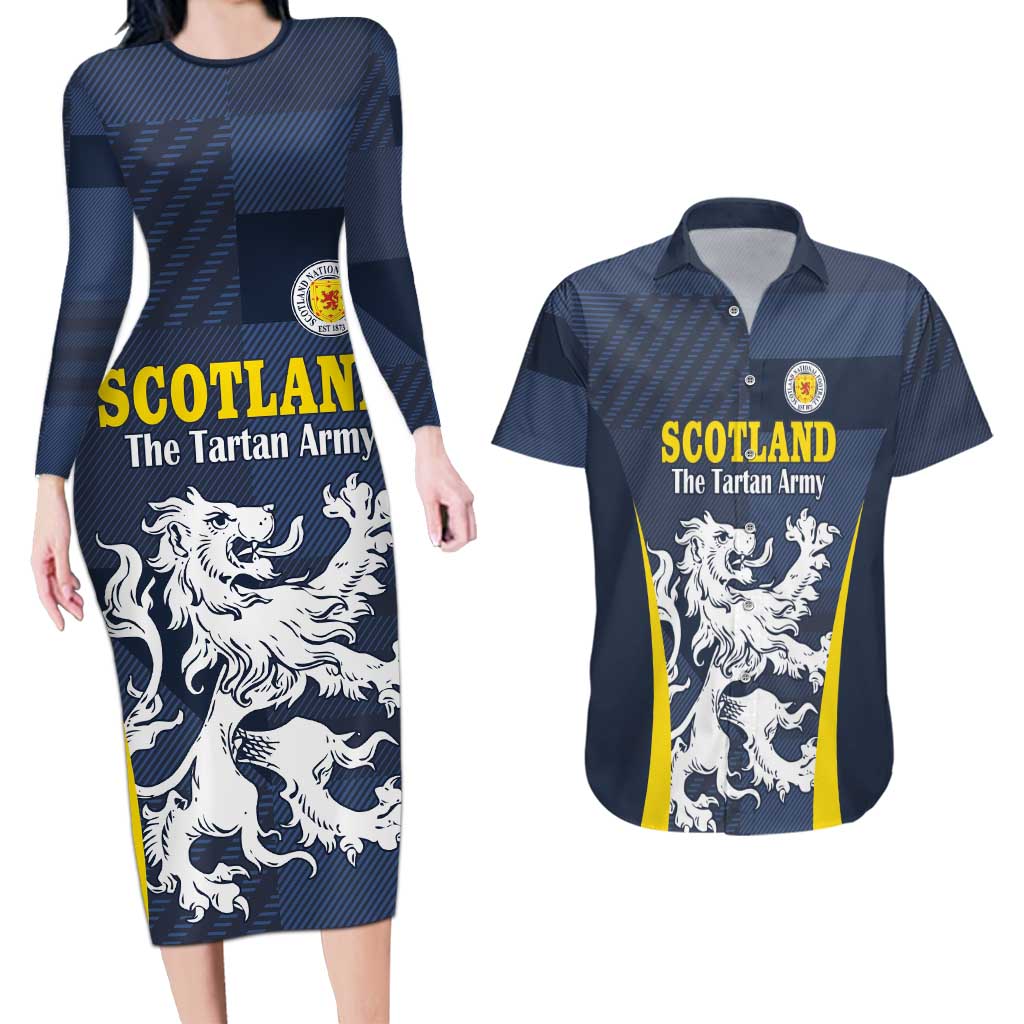 Custom Scotland Football Couples Matching Long Sleeve Bodycon Dress and Hawaiian Shirt Scottish Lion Rampant Tartan Fan - Wonder Print Shop