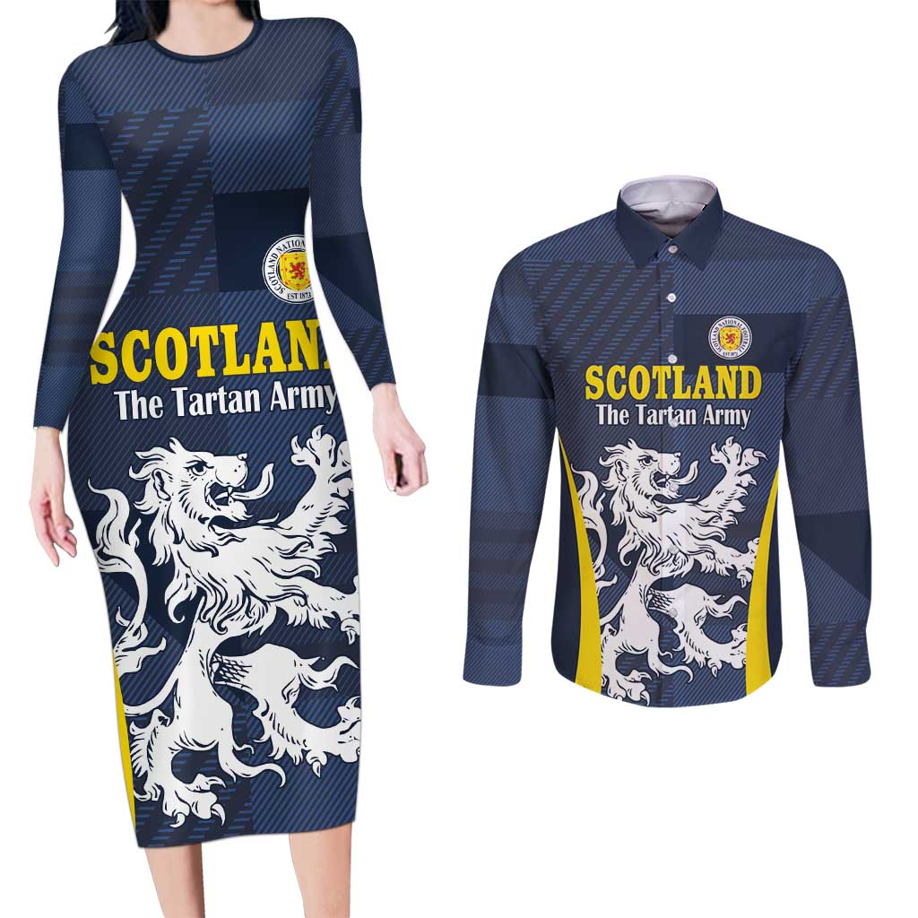 Custom Scotland Football Couples Matching Long Sleeve Bodycon Dress and Long Sleeve Button Shirt Scottish Lion Rampant Tartan Fan - Wonder Print Shop