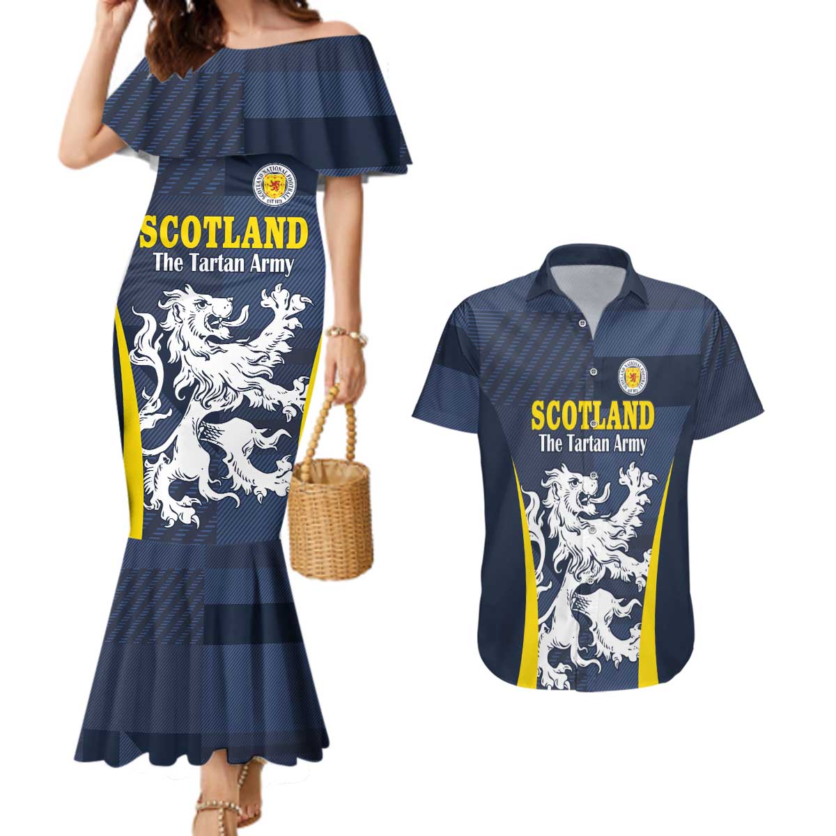 Custom Scotland Football Couples Matching Mermaid Dress and Hawaiian Shirt Scottish Lion Rampant Tartan Fan - Wonder Print Shop