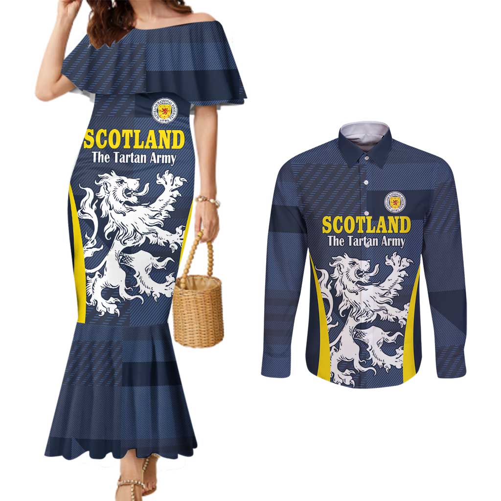Custom Scotland Football Couples Matching Mermaid Dress and Long Sleeve Button Shirt Scottish Lion Rampant Tartan Fan - Wonder Print Shop