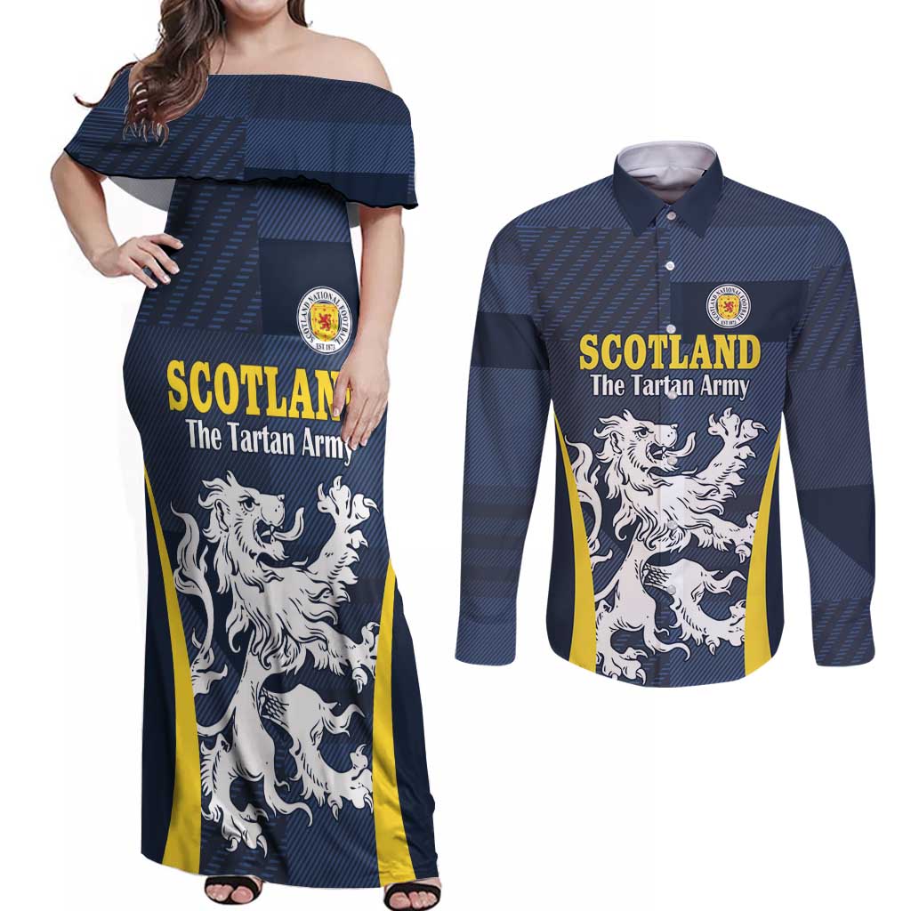 Custom Scotland Football Couples Matching Off Shoulder Maxi Dress and Long Sleeve Button Shirt Scottish Lion Rampant Tartan Fan - Wonder Print Shop