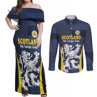 Custom Scotland Football Couples Matching Off Shoulder Maxi Dress and Long Sleeve Button Shirt Scottish Lion Rampant Tartan Fan - Wonder Print Shop