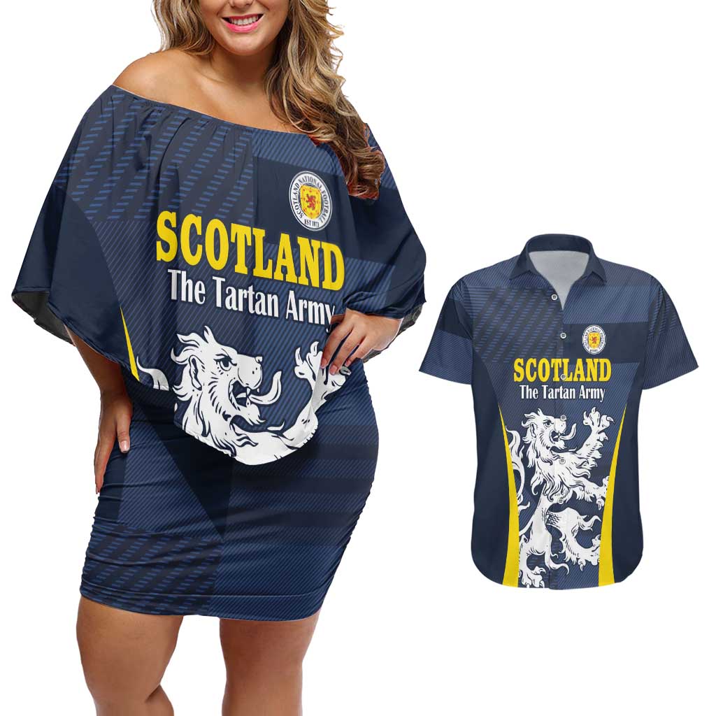 Custom Scotland Football Couples Matching Off Shoulder Short Dress and Hawaiian Shirt Scottish Lion Rampant Tartan Fan - Wonder Print Shop
