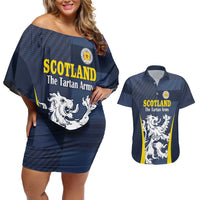 Custom Scotland Football Couples Matching Off Shoulder Short Dress and Hawaiian Shirt Scottish Lion Rampant Tartan Fan - Wonder Print Shop