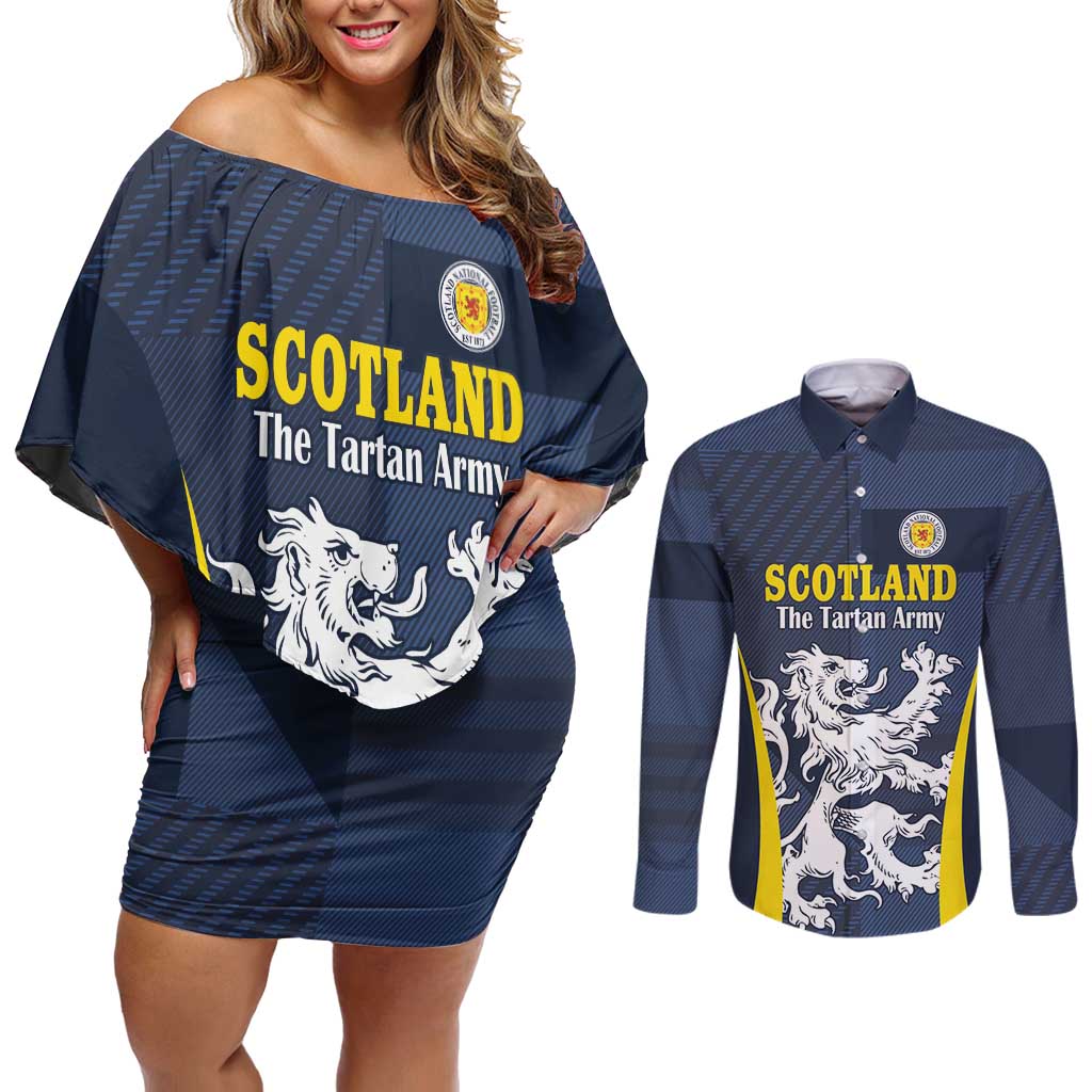 Custom Scotland Football Couples Matching Off Shoulder Short Dress and Long Sleeve Button Shirt Scottish Lion Rampant Tartan Fan - Wonder Print Shop