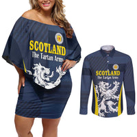 Custom Scotland Football Couples Matching Off Shoulder Short Dress and Long Sleeve Button Shirt Scottish Lion Rampant Tartan Fan - Wonder Print Shop