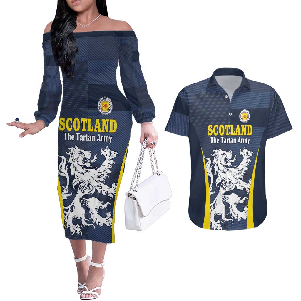 Custom Scotland Football Couples Matching Off The Shoulder Long Sleeve Dress and Hawaiian Shirt Scottish Lion Rampant Tartan Fan - Wonder Print Shop
