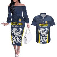 Custom Scotland Football Couples Matching Off The Shoulder Long Sleeve Dress and Hawaiian Shirt Scottish Lion Rampant Tartan Fan - Wonder Print Shop
