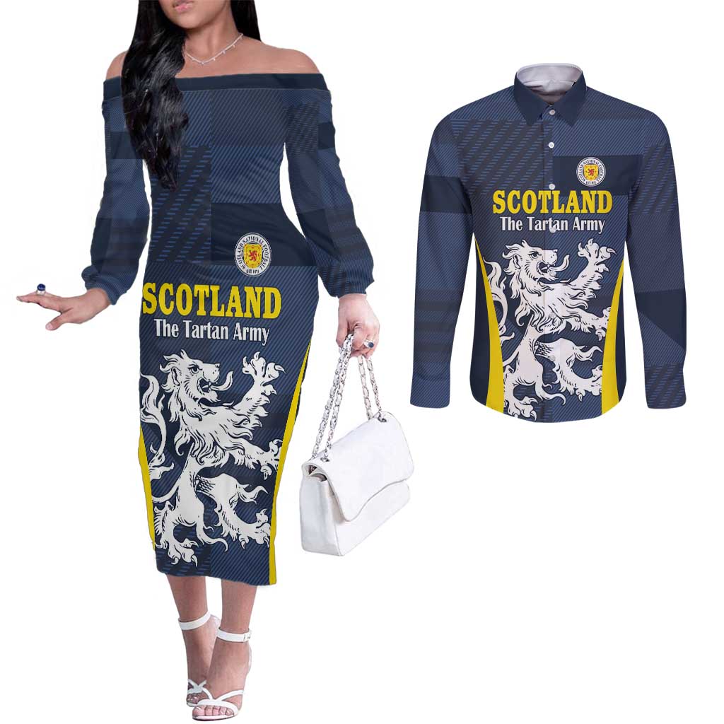Custom Scotland Football Couples Matching Off The Shoulder Long Sleeve Dress and Long Sleeve Button Shirt Scottish Lion Rampant Tartan Fan - Wonder Print Shop