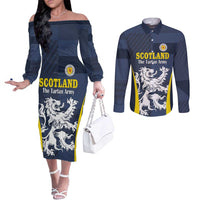 Custom Scotland Football Couples Matching Off The Shoulder Long Sleeve Dress and Long Sleeve Button Shirt Scottish Lion Rampant Tartan Fan - Wonder Print Shop