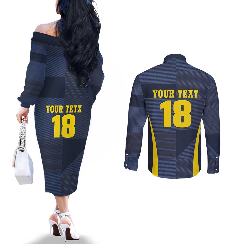 Custom Scotland Football Couples Matching Off The Shoulder Long Sleeve Dress and Long Sleeve Button Shirt Scottish Lion Rampant Tartan Fan - Wonder Print Shop