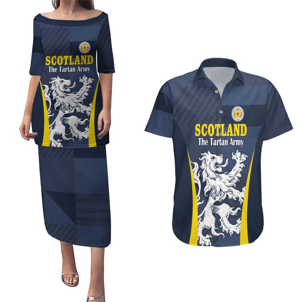 Custom Scotland Football Couples Matching Puletasi and Hawaiian Shirt Scottish Lion Rampant Tartan Fan - Wonder Print Shop