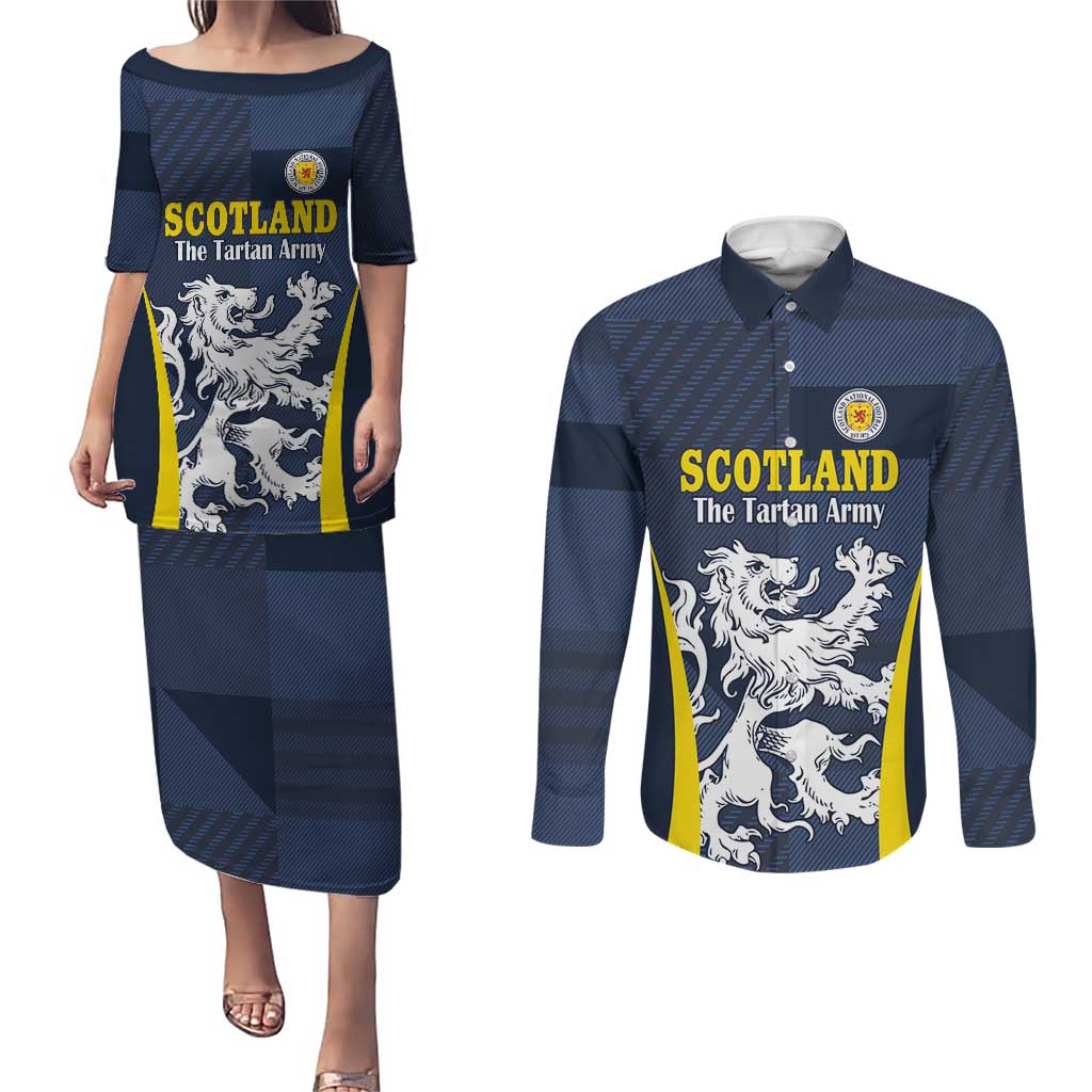 Custom Scotland Football Couples Matching Puletasi and Long Sleeve Button Shirt Scottish Lion Rampant Tartan Fan - Wonder Print Shop