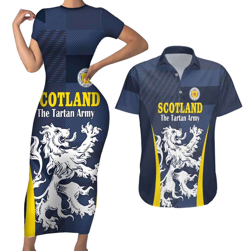 Custom Scotland Football Couples Matching Short Sleeve Bodycon Dress and Hawaiian Shirt Scottish Lion Rampant Tartan Fan - Wonder Print Shop