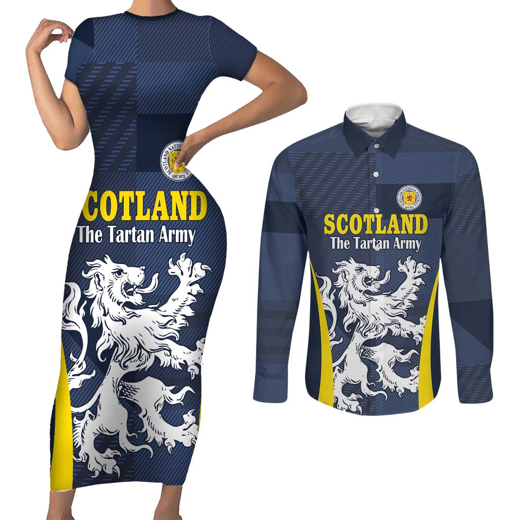 Custom Scotland Football Couples Matching Short Sleeve Bodycon Dress and Long Sleeve Button Shirt Scottish Lion Rampant Tartan Fan - Wonder Print Shop