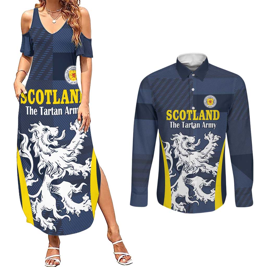 Custom Scotland Football Couples Matching Summer Maxi Dress and Long Sleeve Button Shirt Scottish Lion Rampant Tartan Fan - Wonder Print Shop