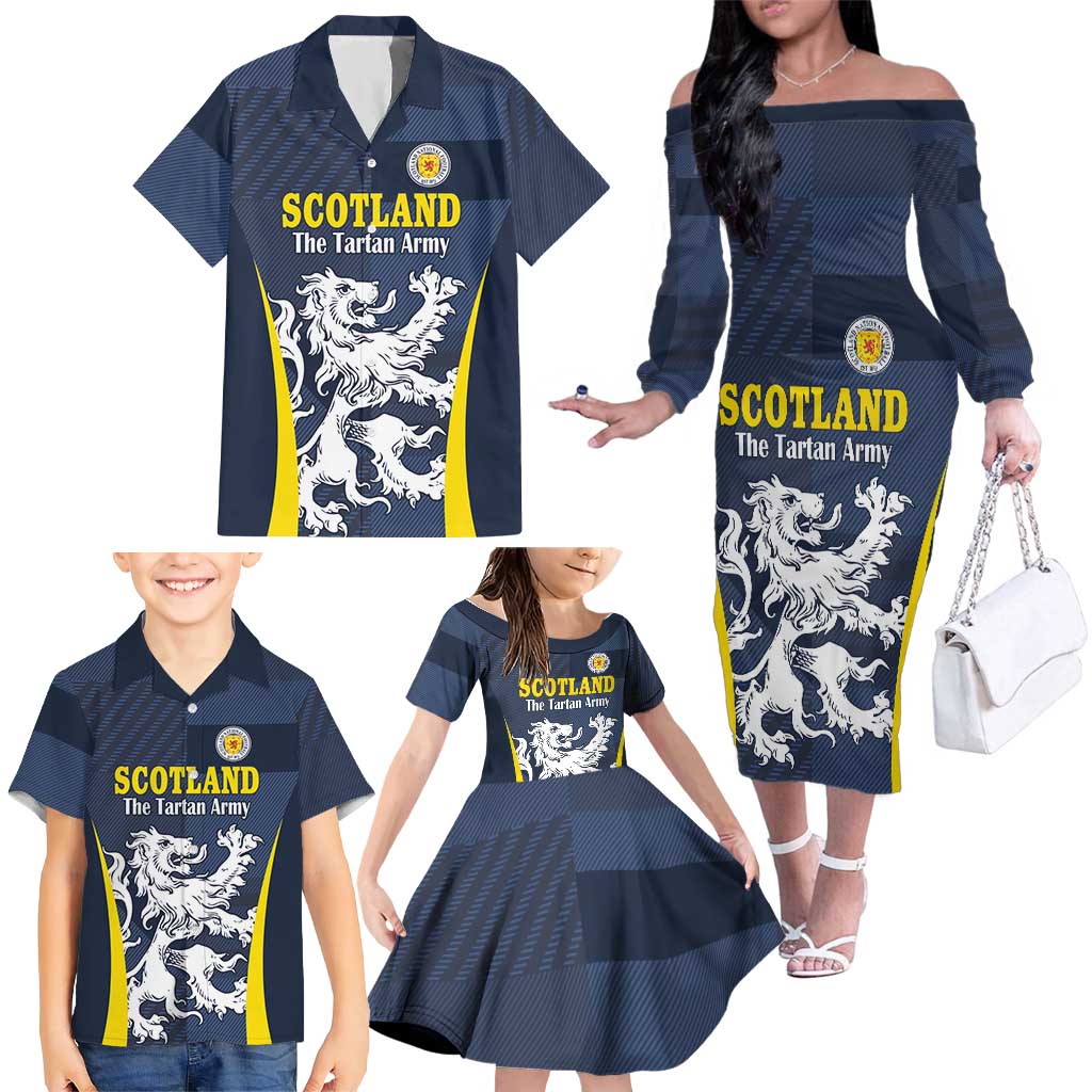 Custom Scotland Football Family Matching Off The Shoulder Long Sleeve Dress and Hawaiian Shirt Scottish Lion Rampant Tartan Fan - Wonder Print Shop