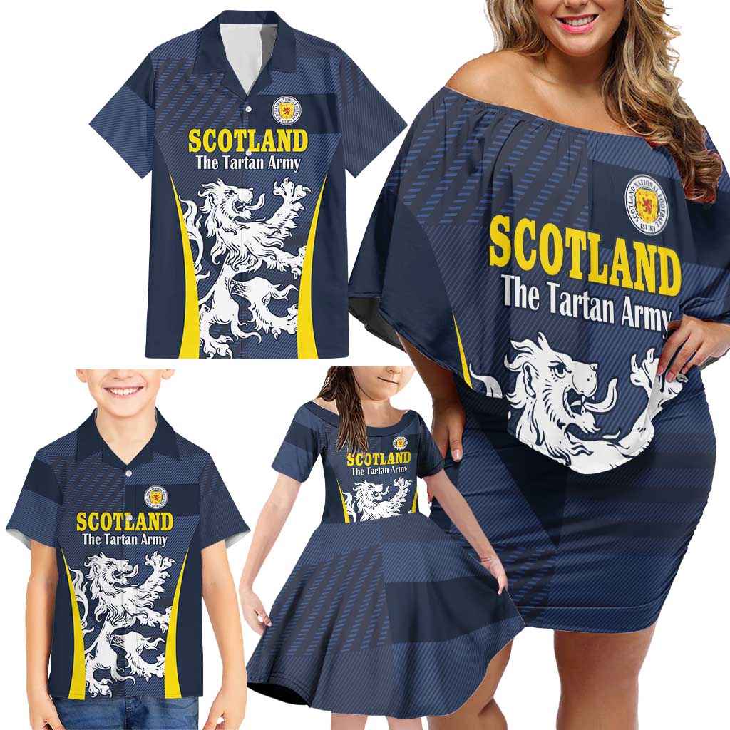 Custom Scotland Football Family Matching Off Shoulder Short Dress and Hawaiian Shirt Scottish Lion Rampant Tartan Fan - Wonder Print Shop