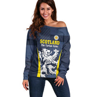 Custom Scotland Football Off Shoulder Sweater Scottish Lion Rampant Tartan Fan - Wonder Print Shop