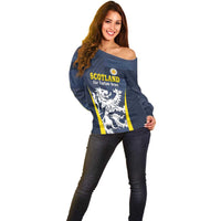 Custom Scotland Football Off Shoulder Sweater Scottish Lion Rampant Tartan Fan - Wonder Print Shop