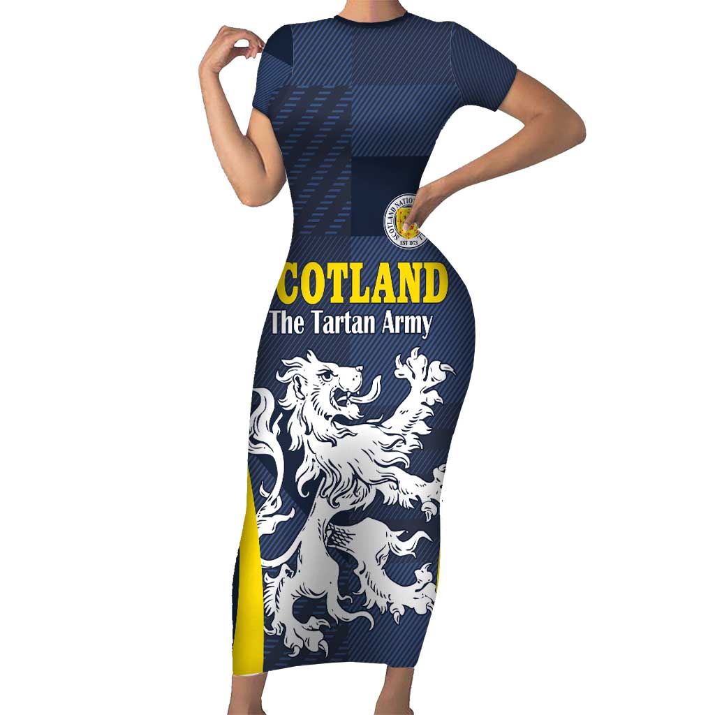 Custom Scotland Football Short Sleeve Bodycon Dress Scottish Lion Rampant Tartan Fan - Wonder Print Shop
