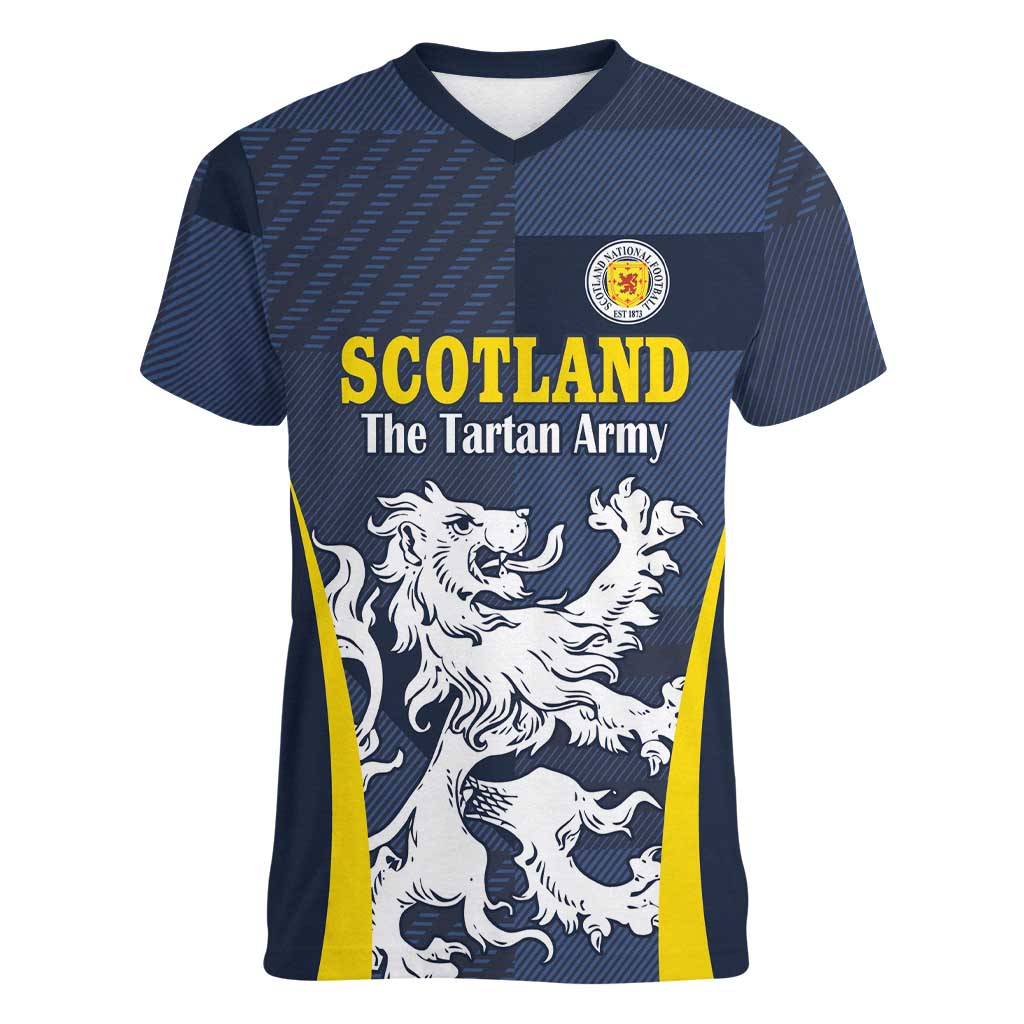 Custom Scotland Football Women V-Neck T-Shirt Scottish Lion Rampant Tartan Fan - Wonder Print Shop