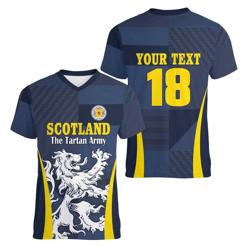 Custom Scotland Football Women V-Neck T-Shirt Scottish Lion Rampant Tartan Fan - Wonder Print Shop