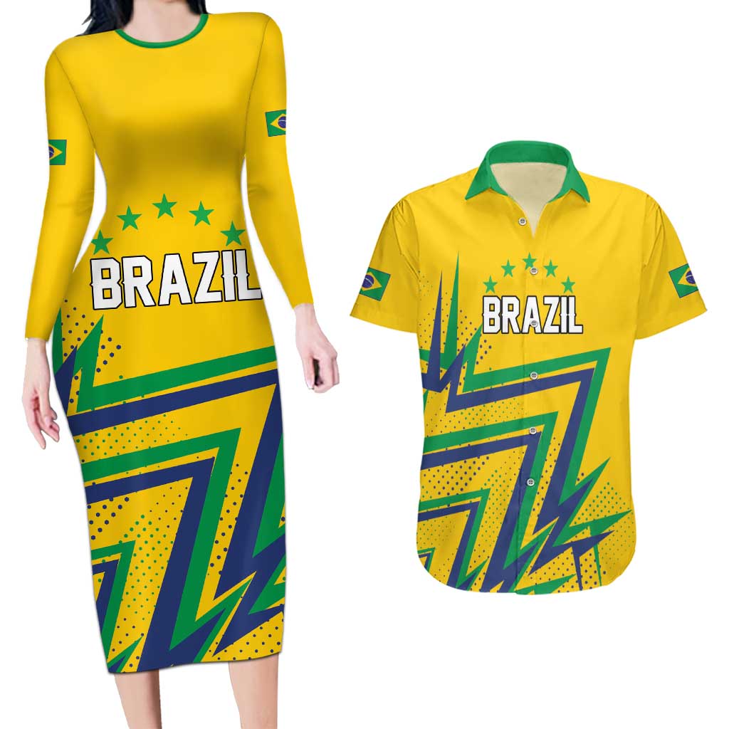 Custom Brazil Football Spirit Couples Matching Long Sleeve Bodycon Dress and Hawaiian Shirt Selecao Canarinho Sporty Style - Wonder Print Shop