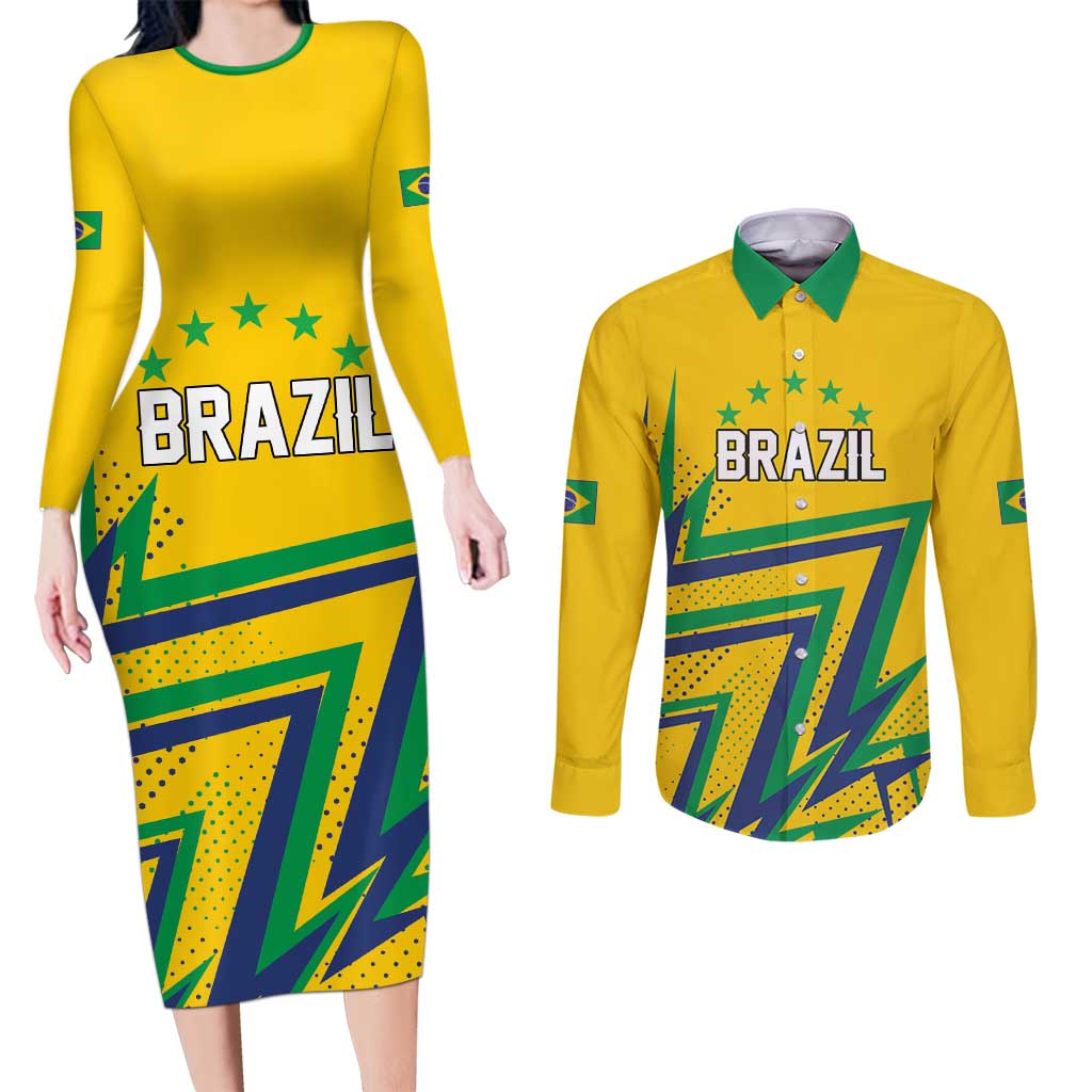 Custom Brazil Football Spirit Couples Matching Long Sleeve Bodycon Dress and Long Sleeve Button Shirt Selecao Canarinho Sporty Style - Wonder Print Shop