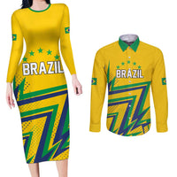 Custom Brazil Football Spirit Couples Matching Long Sleeve Bodycon Dress and Long Sleeve Button Shirt Selecao Canarinho Sporty Style - Wonder Print Shop