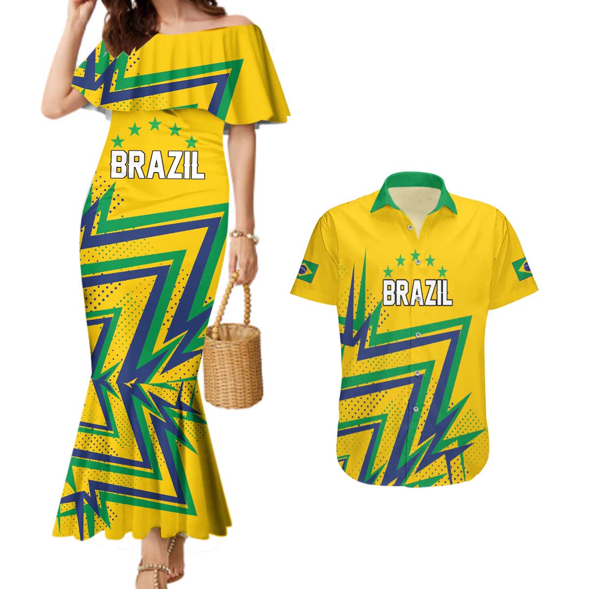 Custom Brazil Football Spirit Couples Matching Mermaid Dress and Hawaiian Shirt Selecao Canarinho Sporty Style - Wonder Print Shop