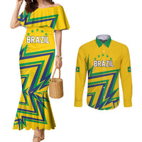 Custom Brazil Football Spirit Couples Matching Mermaid Dress and Long Sleeve Button Shirt Selecao Canarinho Sporty Style - Wonder Print Shop