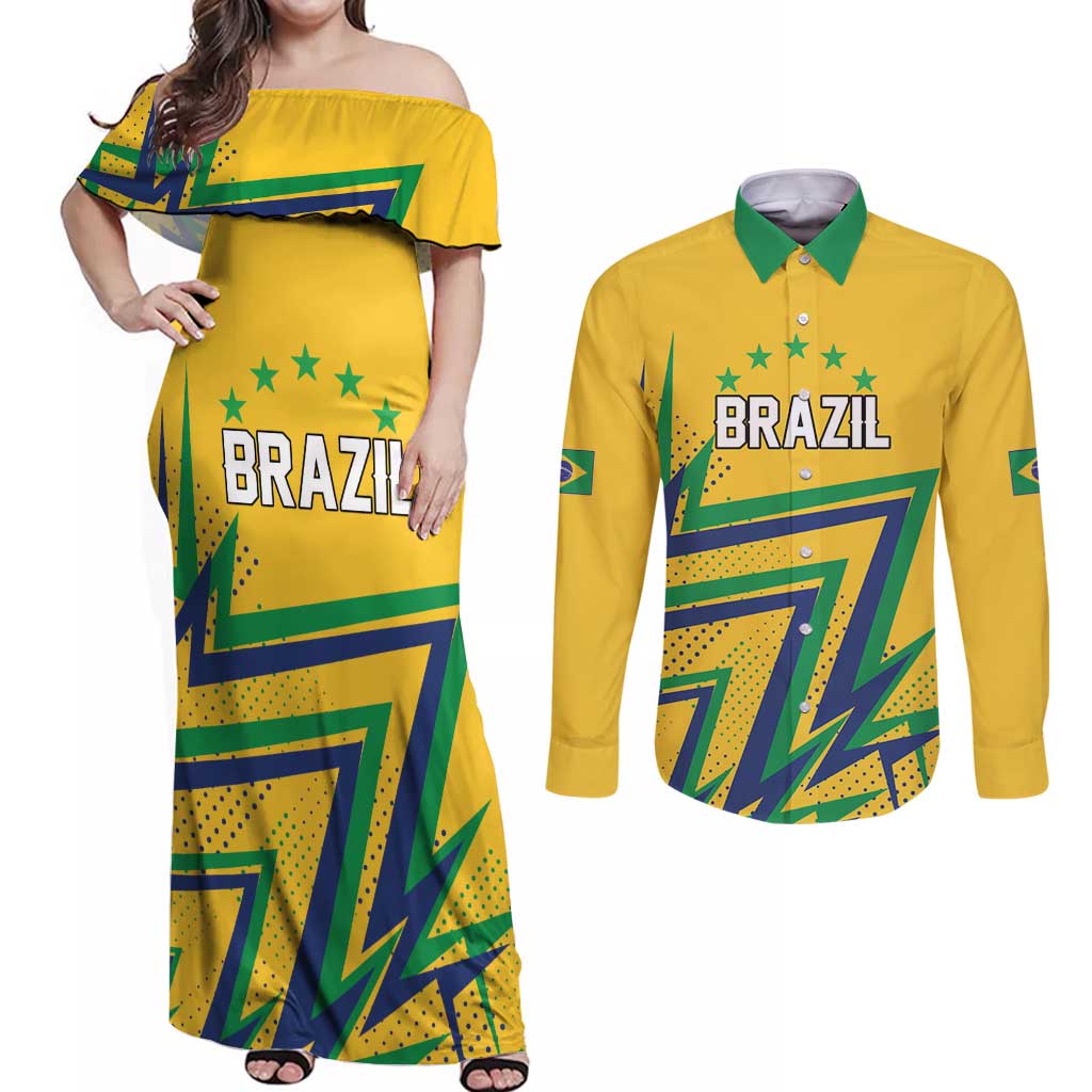 Custom Brazil Football Spirit Couples Matching Off Shoulder Maxi Dress and Long Sleeve Button Shirt Selecao Canarinho Sporty Style - Wonder Print Shop