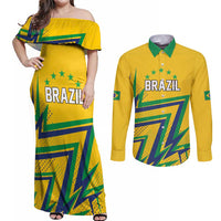Custom Brazil Football Spirit Couples Matching Off Shoulder Maxi Dress and Long Sleeve Button Shirt Selecao Canarinho Sporty Style - Wonder Print Shop