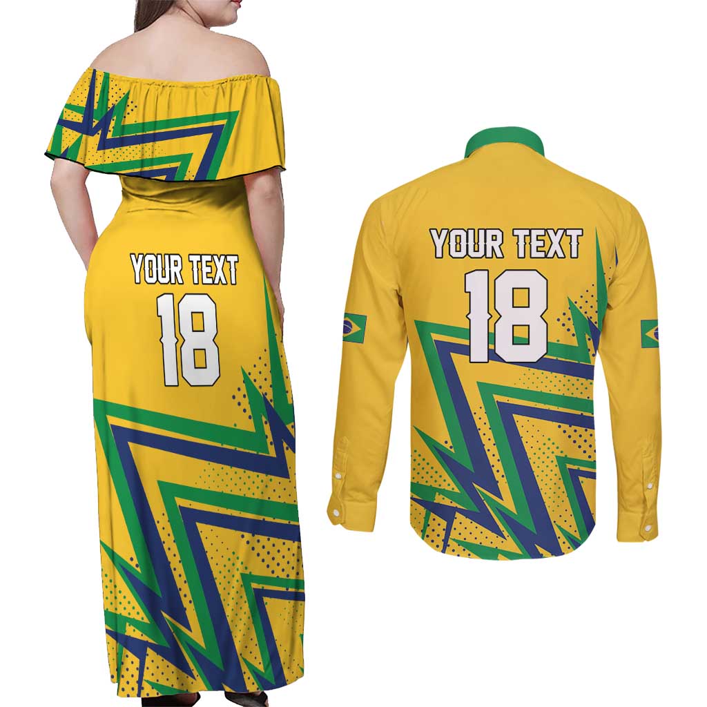 Custom Brazil Football Spirit Couples Matching Off Shoulder Maxi Dress and Long Sleeve Button Shirt Selecao Canarinho Sporty Style - Wonder Print Shop