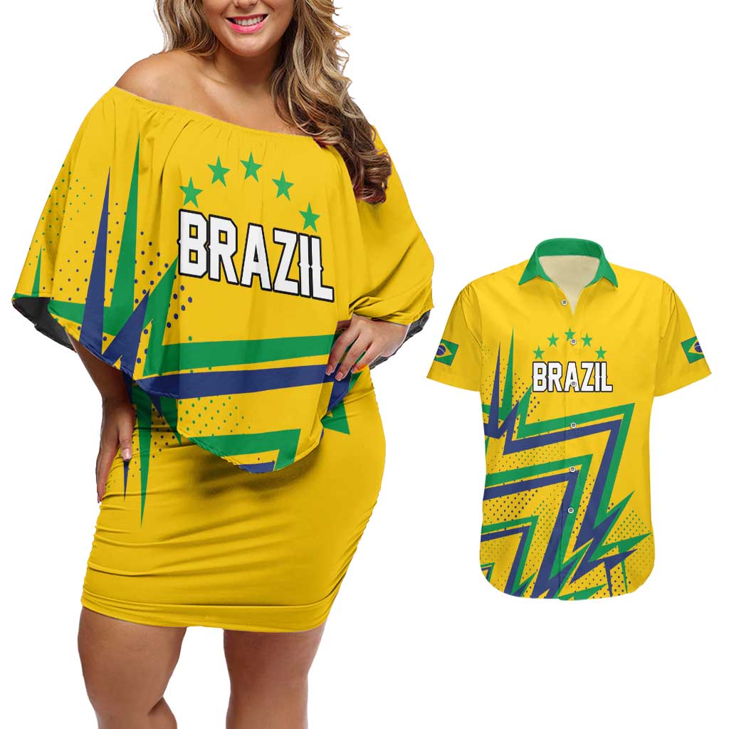Custom Brazil Football Spirit Couples Matching Off Shoulder Short Dress and Hawaiian Shirt Selecao Canarinho Sporty Style - Wonder Print Shop
