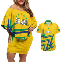 Custom Brazil Football Spirit Couples Matching Off Shoulder Short Dress and Hawaiian Shirt Selecao Canarinho Sporty Style - Wonder Print Shop