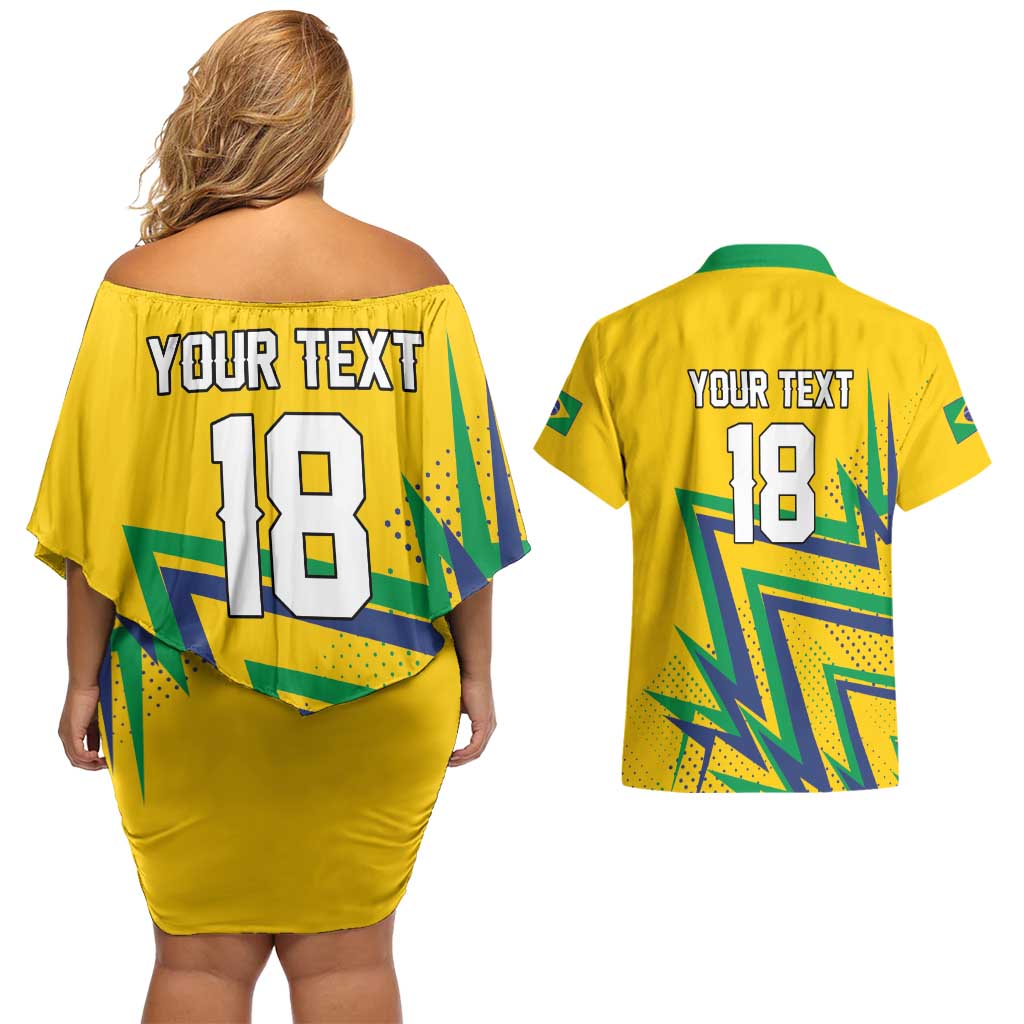 Custom Brazil Football Spirit Couples Matching Off Shoulder Short Dress and Hawaiian Shirt Selecao Canarinho Sporty Style - Wonder Print Shop