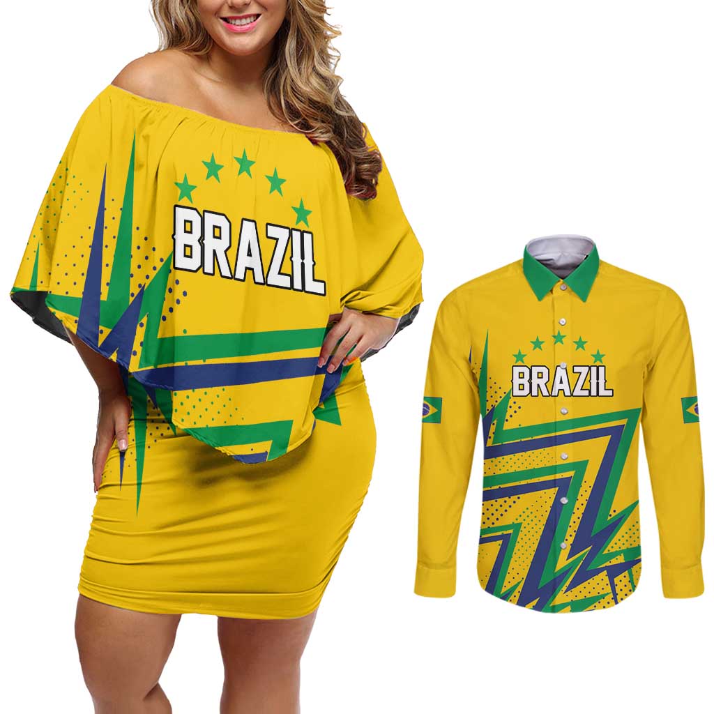 Custom Brazil Football Spirit Couples Matching Off Shoulder Short Dress and Long Sleeve Button Shirt Selecao Canarinho Sporty Style - Wonder Print Shop