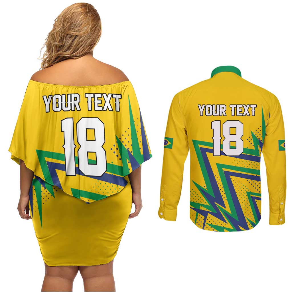 Custom Brazil Football Spirit Couples Matching Off Shoulder Short Dress and Long Sleeve Button Shirt Selecao Canarinho Sporty Style - Wonder Print Shop