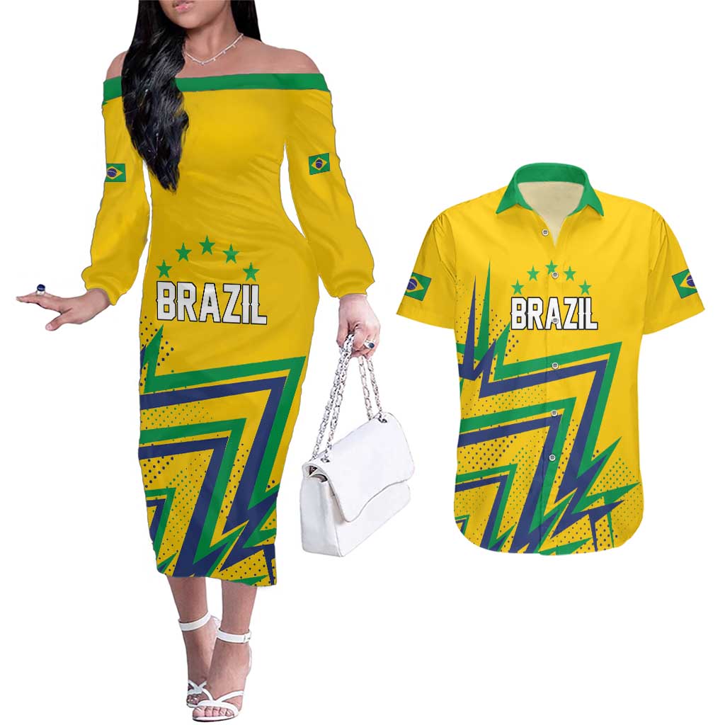 Custom Brazil Football Spirit Couples Matching Off The Shoulder Long Sleeve Dress and Hawaiian Shirt Selecao Canarinho Sporty Style - Wonder Print Shop