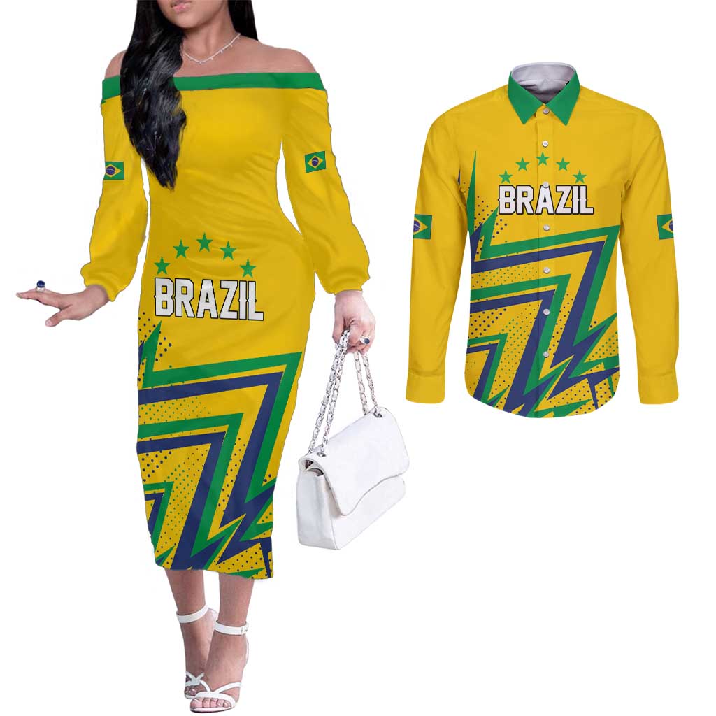 Custom Brazil Football Spirit Couples Matching Off The Shoulder Long Sleeve Dress and Long Sleeve Button Shirt Selecao Canarinho Sporty Style - Wonder Print Shop