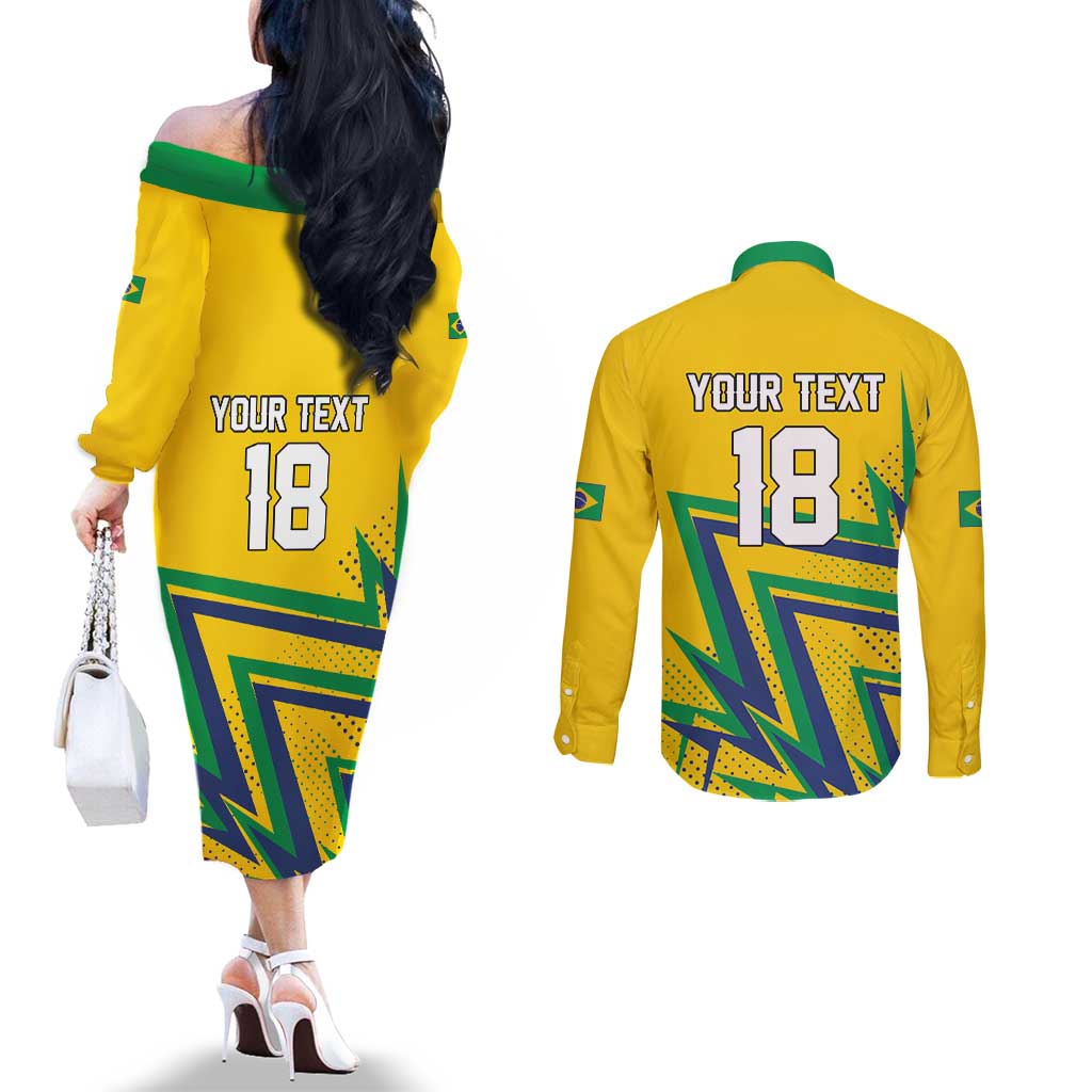 Custom Brazil Football Spirit Couples Matching Off The Shoulder Long Sleeve Dress and Long Sleeve Button Shirt Selecao Canarinho Sporty Style - Wonder Print Shop