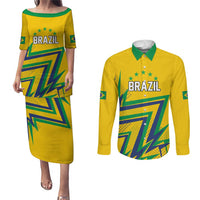 Custom Brazil Football Spirit Couples Matching Puletasi and Long Sleeve Button Shirt Selecao Canarinho Sporty Style - Wonder Print Shop