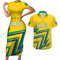 Custom Brazil Football Spirit Couples Matching Short Sleeve Bodycon Dress and Hawaiian Shirt Selecao Canarinho Sporty Style - Wonder Print Shop