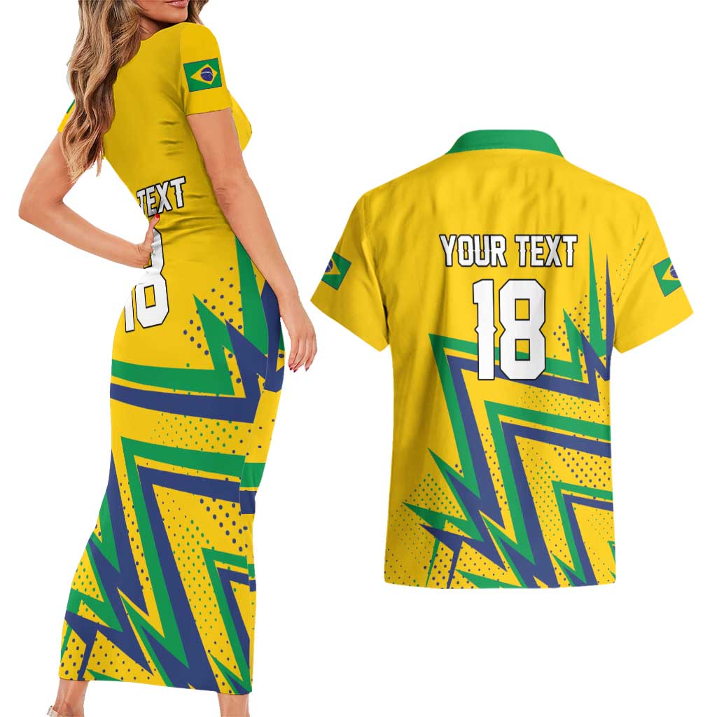 Custom Brazil Football Spirit Couples Matching Short Sleeve Bodycon Dress and Hawaiian Shirt Selecao Canarinho Sporty Style - Wonder Print Shop