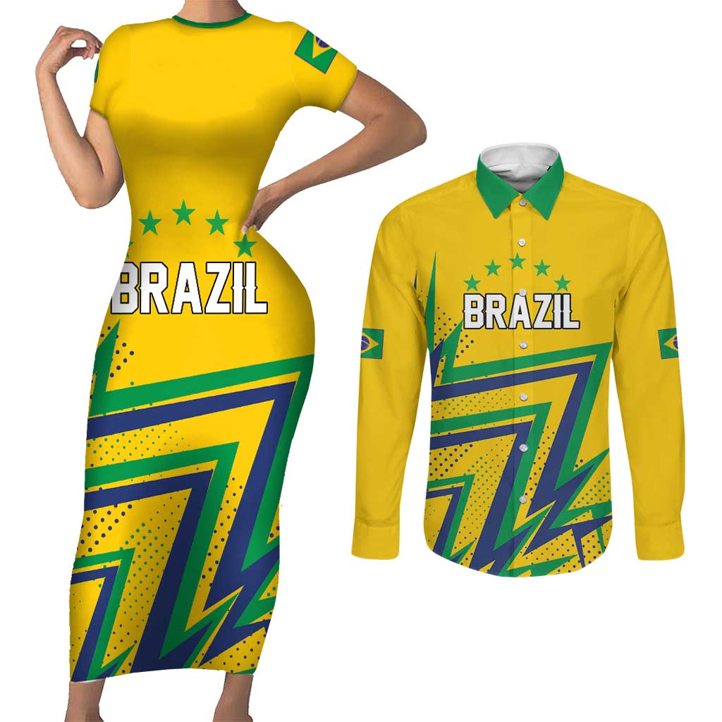 Custom Brazil Football Spirit Couples Matching Short Sleeve Bodycon Dress and Long Sleeve Button Shirt Selecao Canarinho Sporty Style - Wonder Print Shop