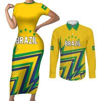 Custom Brazil Football Spirit Couples Matching Short Sleeve Bodycon Dress and Long Sleeve Button Shirt Selecao Canarinho Sporty Style - Wonder Print Shop